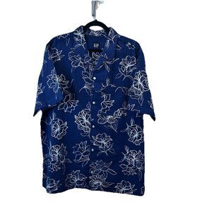 GAP Seersucker Cabana Boy Hawaiian Button Up Short Sleeve Navy Shirt Men Size XL